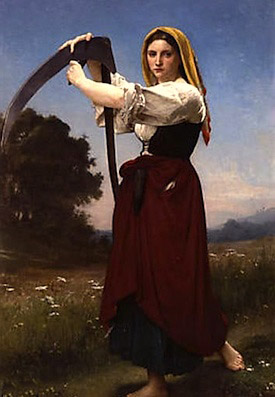 Maiden with scythe, symbol of death and the cycle of time, long associated with the Feast of the Dead