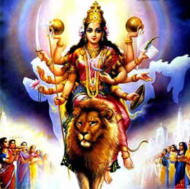 Durga ma rides in triumph to the loving acclaim of Her children