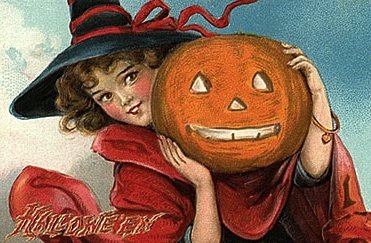 Girl with pumpkin lantern, emblem of Halloween